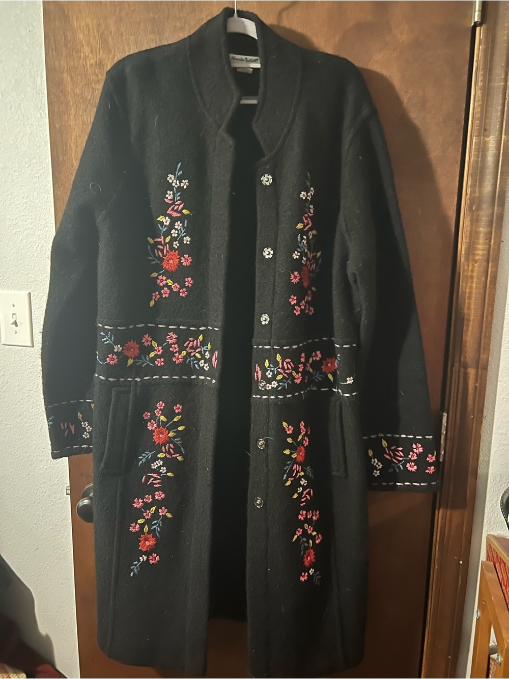 Alexandra Bartlett Black Wool Embroidered Floral Coat